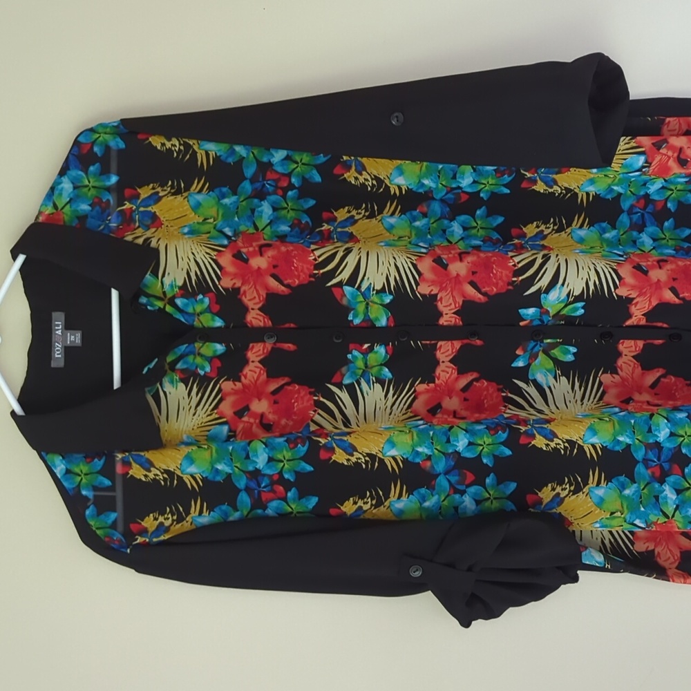 Roz & Ali Floral Sheer Button Down Tropical Blouse Woman 2X Black Blue - Picture 5 of 16